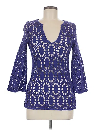 Pre-owned Trina Turk 3/4 Sleeve Top Blue Plunge Neckline Tops