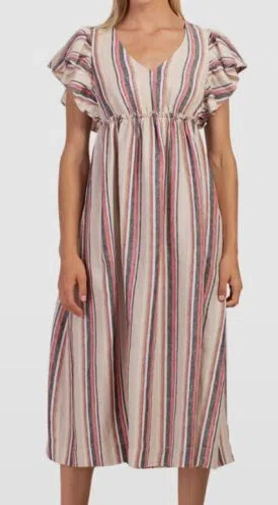 Pre-owned Trina Turk $348  Women's Beige Linen Striped Flutter-sleeve A-line Dress Size L