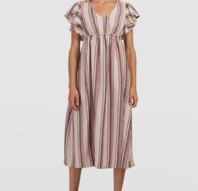 Pre-owned Trina Turk $348  Women's Beige Linen Striped Flutter-sleeve A-line Dress Size Xs