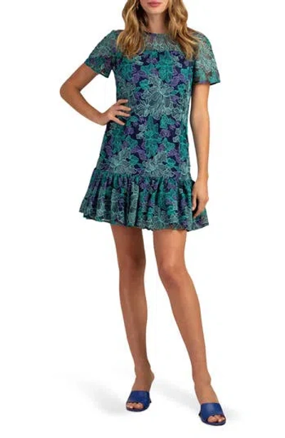 Trina Turk Abstract Embroidered Mesh Short Sleeve Dress In Blue