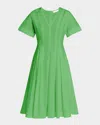 Trina Turk Ashe Pleated Topstitch A-line Dress In Grass Court Green