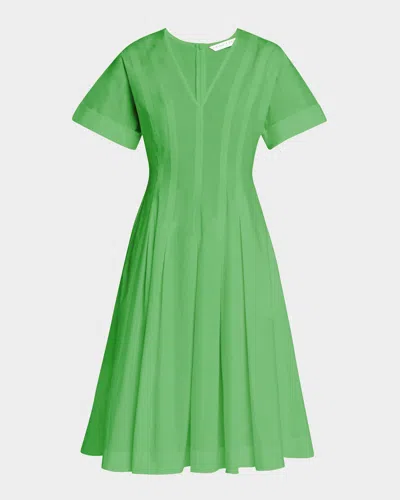 Trina Turk Ashe Pleated Topstitch A-line Dress In Grass Court Green