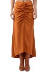 Trina Turk Aspen Satin Ruched Midi Skirt In Brown