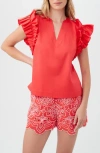 Trina Turk Augusto Ruffle Sleeve Organic Cotton Top In Capri Coral
