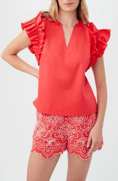 Trina Turk Augusto Ruffle Sleeve Organic Cotton Top In Capri Coral