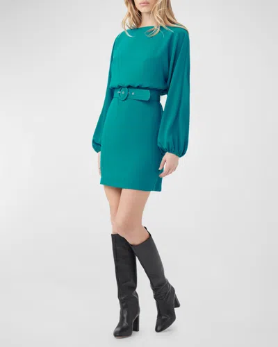 Trina Turk Avory Belted Blouson-sleeve Mini Dress In Blue