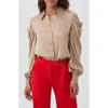 Trina Turk Bashira Pleated Puff Sleeve Silk Blend Button-up Shirt In Gold