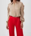Trina Turk Bashira Pleated Puff Sleeve Silk Blend Button-up Shirt In Gold