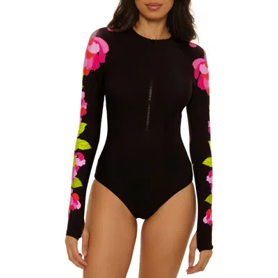 Trina Turk Bougainvillea Long Sleeve Upf 20+ One-piece Rashguard Swimsuit In Black