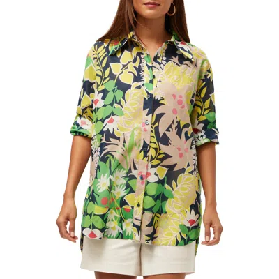 Trina Turk Button Up Swing Top In Floral Green Multi