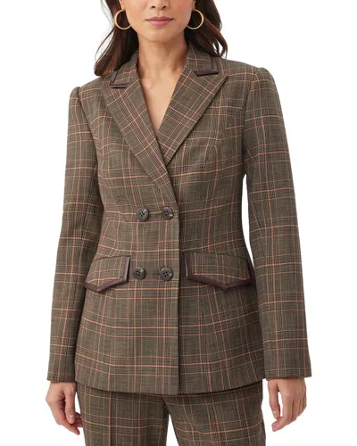 Trina Turk Cassy Plaid Faux Leather Trim Double Breasted Blazer In Multi