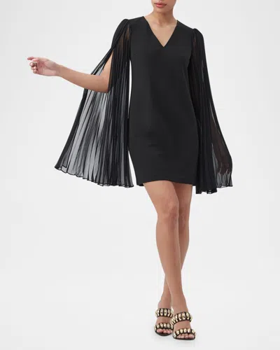 Trina Turk Celestina Pleated Cape-sleeve Mini Dress In Black