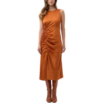 Trina Turk Chestnut Ruched Satin Midi Dress In Orange