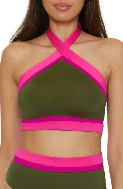 Trina Turk Colorblock Halter Neck Bikini Top In Olive Multi