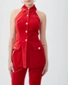 Trina Turk Elainia Button-down Halter Velveteen Top In Red Spark