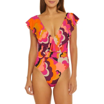 Trina Turk Fan Faire Ruffle One-piece Swimsuit In Orange Multi