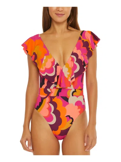 Trina Turk Fan Faire Ruffle Womens Ruffled Nylon One-piece Swimsuit In Multi