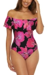 Trina Turk Fluery Ruffle Off The Shoulder One-piece Swimsuit In Black Multi