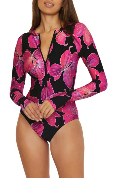 Trina Turk Fluery Zip Long Sleeve One-piece Swimsuit In Black Multi