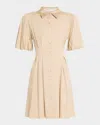 Trina Turk Galine Pleated Balloon-sleeve Mini Shirtdress In Chai
