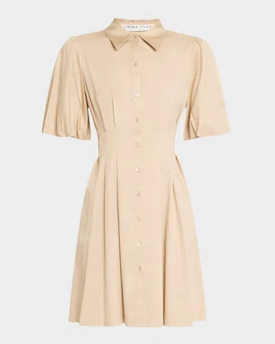Trina Turk Galine Pleated Balloon-sleeve Mini Shirtdress In Chai