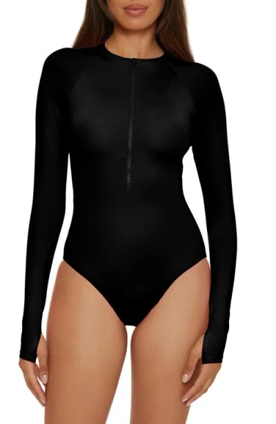 Trina Turk Half Zip Long Sleeve One-piece Rashguard Swimsuit In Black