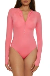 Trina Turk Half Zip Long Sleeve One-piece Rashguard Swimsuit In Garden Pink