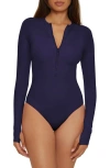 Trina Turk Half Zip Long Sleeve One-piece Rashguard Swimsuit In Ink