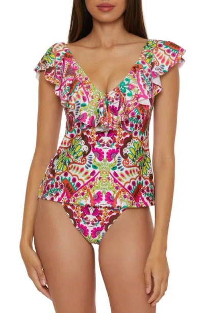 Trina Turk Hawaiian Ruffle Tankini Top In Pink Multi