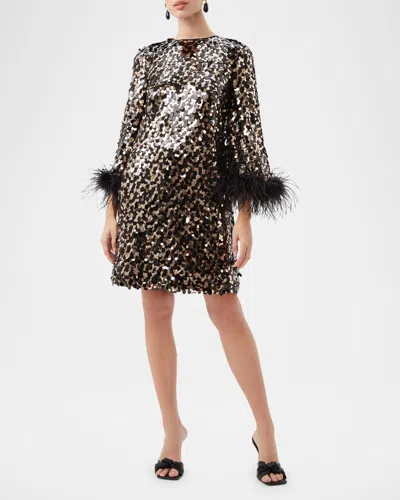 Trina Turk Juliet Feather-cuff Sequin Mini Dress In Black/gold