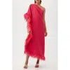 Trina Turk Largo One-shoulder Feather Trim Caftan Maxi Dress