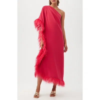 Trina Turk Largo One-shoulder Feather Trim Caftan Maxi Dress