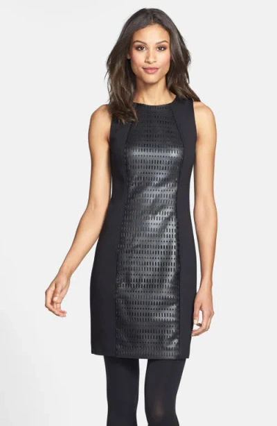 Trina Turk Laser Cut Faux Leather & Ponte Sheath Dress In Black