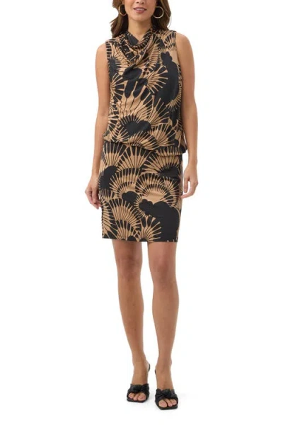 Trina Turk Lenaya 3 Printed Jersey Blouson Cowl Neck Dress In Brown