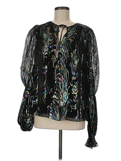 Pre-owned Trina Turk Long Sleeve Silk Top Black Keyhole Neckline Tops