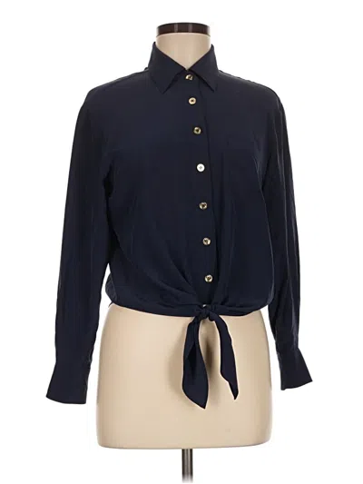 Pre-owned Trina Turk Long Sleeve Silk Top Blue Tie Neck Tops