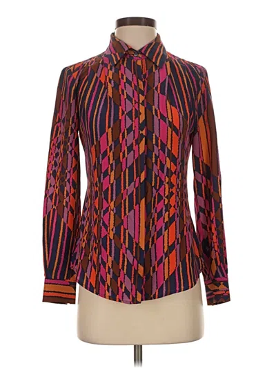 Pre-owned Trina Turk Long Sleeve Silk Top Burgundy High Neck Tops