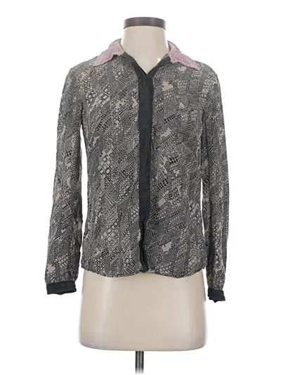 Pre-owned Trina Turk Long Sleeve Silk Top Gray Collared Neckline Tops