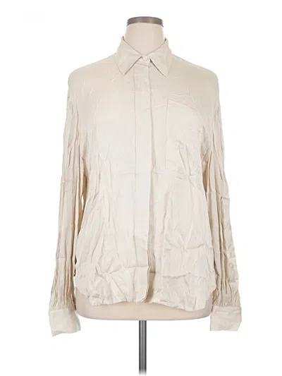 Pre-owned Trina Turk Long Sleeve Silk Top Tan Collared Neckline Tops