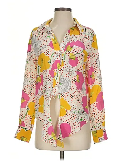 Pre-owned Trina Turk Long Sleeve Silk Top Yellow Print Pattern Square Neckline Tops