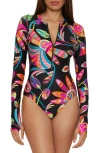 Trina Turk Luminary Half Zip Long Sleeve One-piece Rashguard Swimsuit In Black Multi