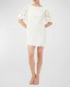 Trina Turk Luv 2 Blouson-sleeve Floral Applique Mini Dress In Whitewash