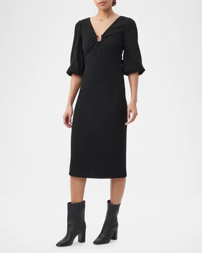 Trina Turk Madeline Crinkled Blouson-sleeve Midi Dress In Black