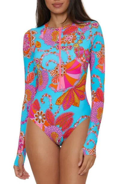 Trina Turk Maliana Zip Long Sleeve One-piece Swimsuit In Blue Multi