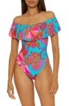Trina Turk Meilani Off The Shoulder One-piece Swimsuit In Blue Multi