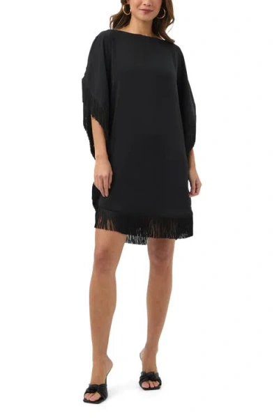 Trina Turk Mini Neena Fringe Trim Caftan Dress In Black
