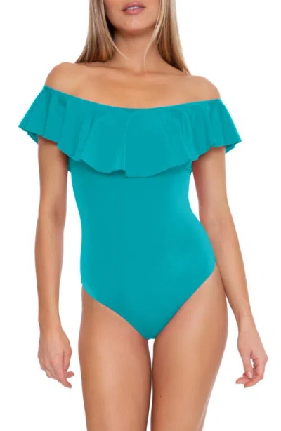 Trina Turk Monaco Off The Shoulder Ruffle One-piece Swimsuit In Marine