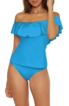 Trina Turk Monaco Ruffle Off-the-shoulder Tankini Top In Blue