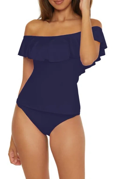 Trina Turk Monaco Ruffle Off-the-shoulder Tankini Top In Navy