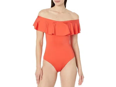 Trina Turk Monaco Swimsuit Womens Coral Ruffle Off The Shoulder One-piece Jdm369 In Orange